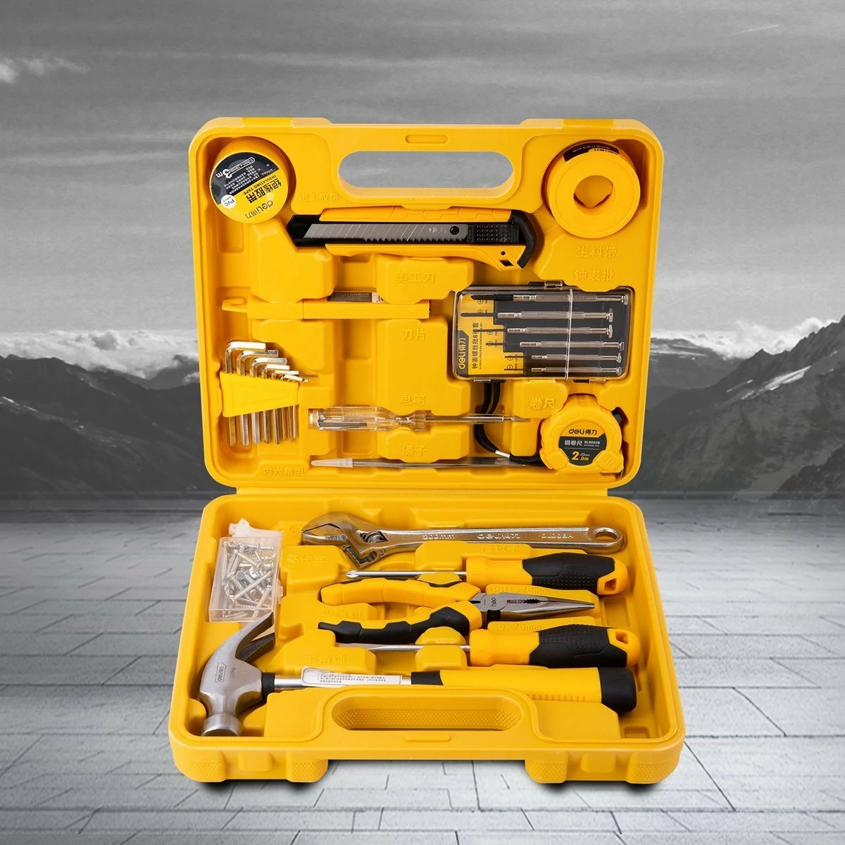 Set veglash Deli Tools EDL1028J, 28 copë, me kasë, e verdhë