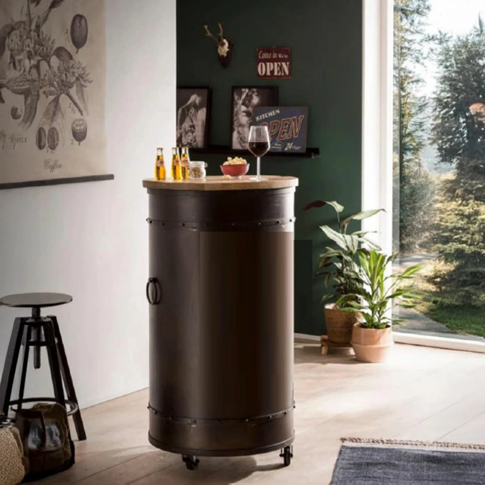 Tavolinë bar Tank, metal gri e errët, dru mango natyral, 65x65x116cm