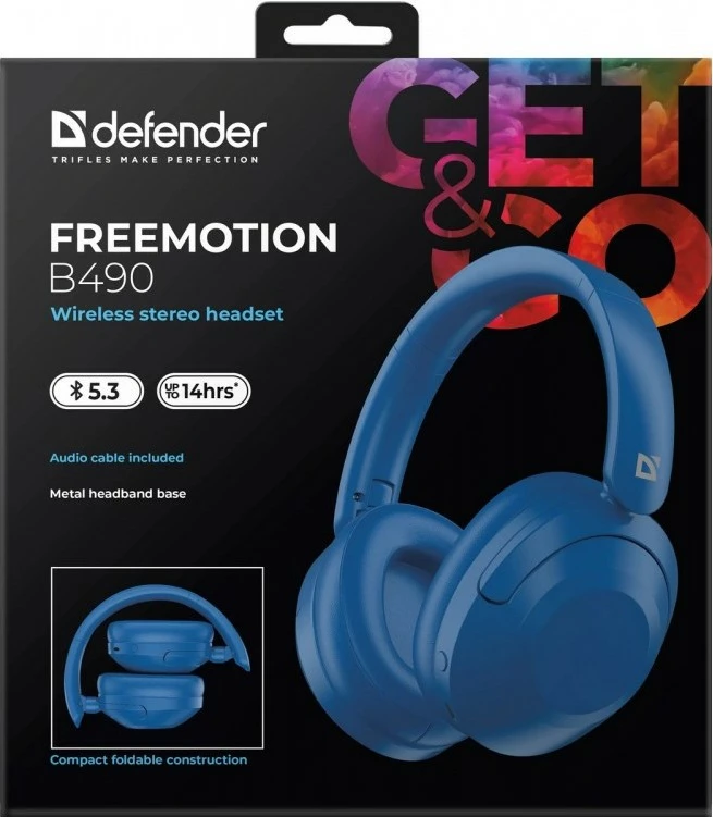 Kufje pa tela over-ear, Defender FreeMotion B490, Bluetooth 5.3, 14 orë bateri, mikrofon, USB-C/AUX, blu