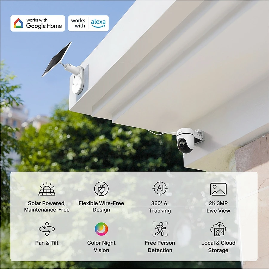 Kamerë sigurie IP TP-Link Tapo C610 KIT, 2304x1296, Wi‑Fi/LAN, PTZ, me panel diellor, e bardhë