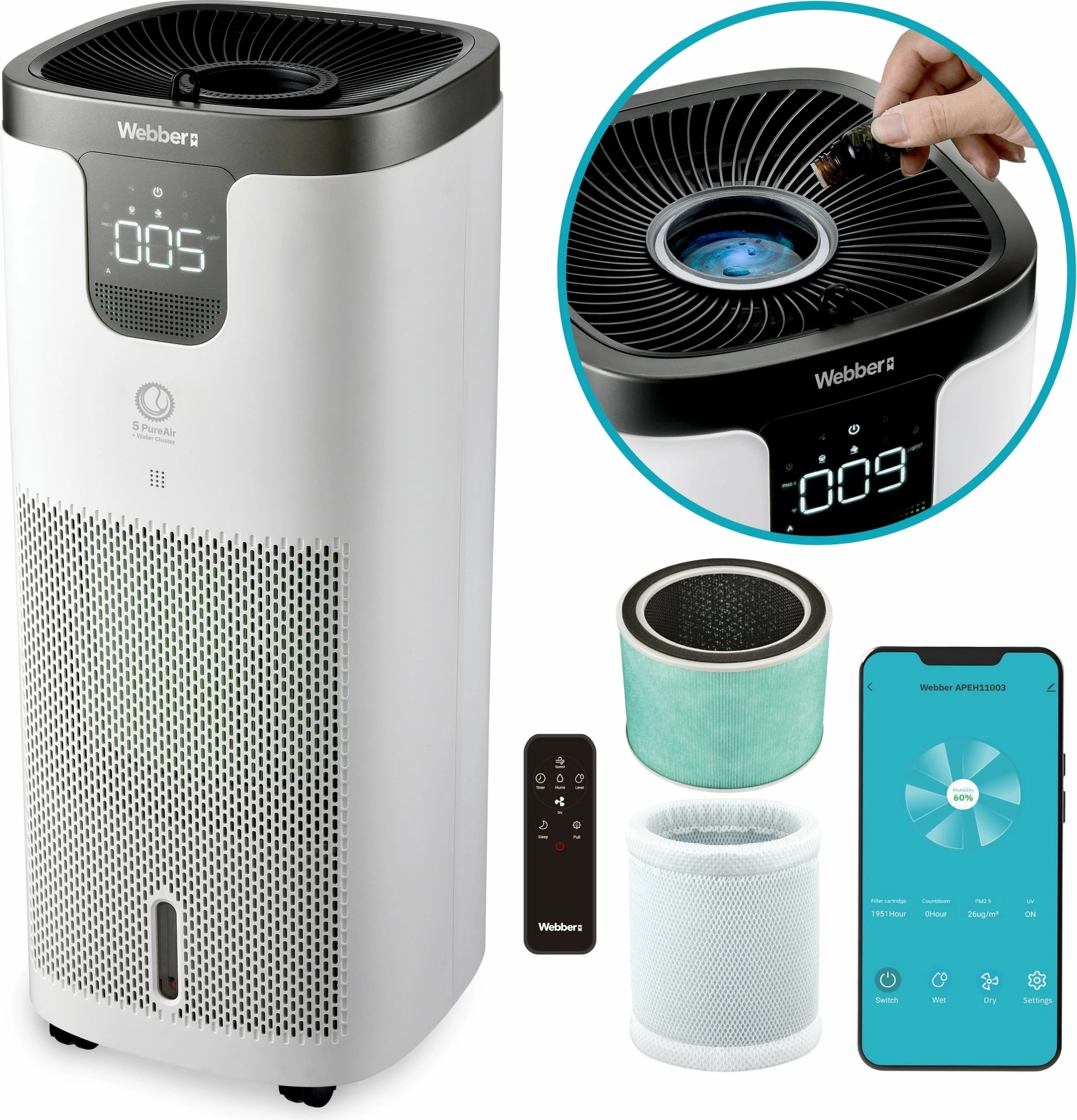 Pastrues ajri Webber APEH11003, HEPA H12, Wi‑Fi, UV‑C, jonizim, me lagështues 8 L, 350 m³/h, deri 120 m², i bardhë