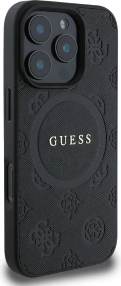 Mbështjellës Guess Saffiano Peony Classic Logo MagSafe për iPhone 16 Pro, e zezë