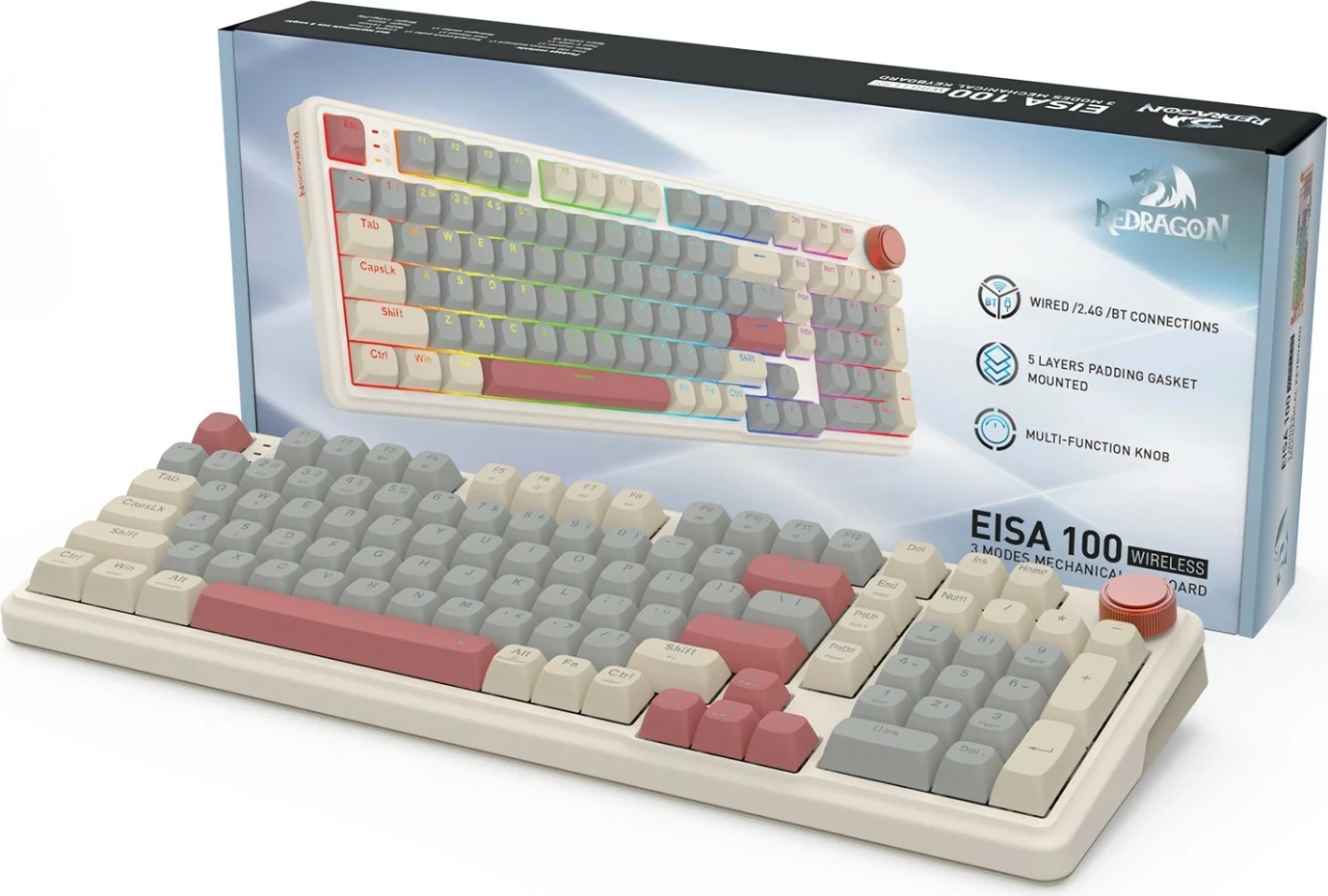 Tastierë gaming Redragon Eisa K768WGR-WL, mekanike 96% 99 taste, wireless Bluetooth/2.4G, RGB, hot-swap, 8000mAh, kafe