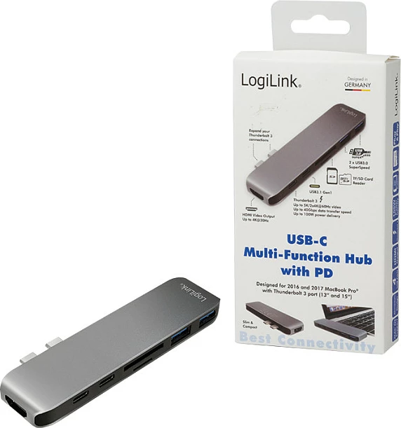 Docking station LogiLink USB 3.2 Gen2x2, USB-C, 7-port, me PD, alumin, gri/argjend
