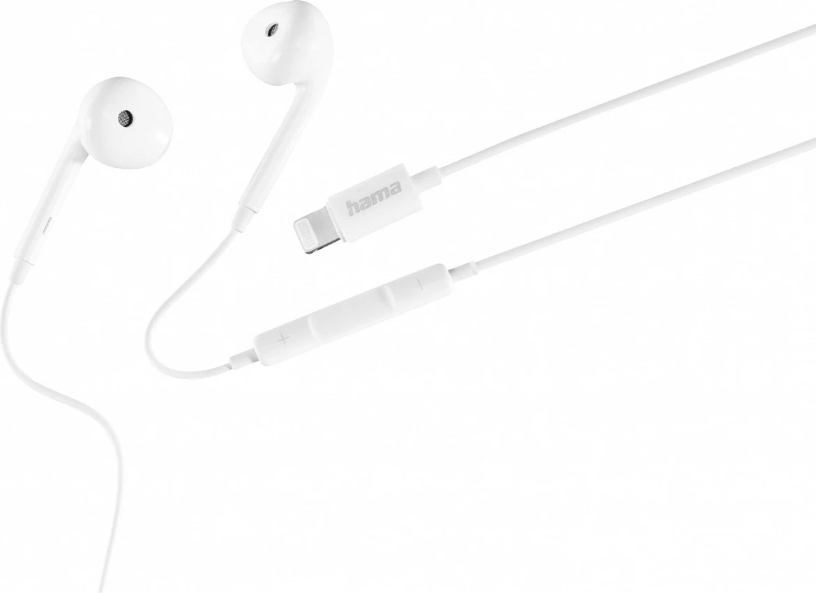Kufje in-ear Hama 221787 me lidhje Lightning, me mikrofon dhe kontroll volum, kabllo 1.2 m, stereo, të bardha