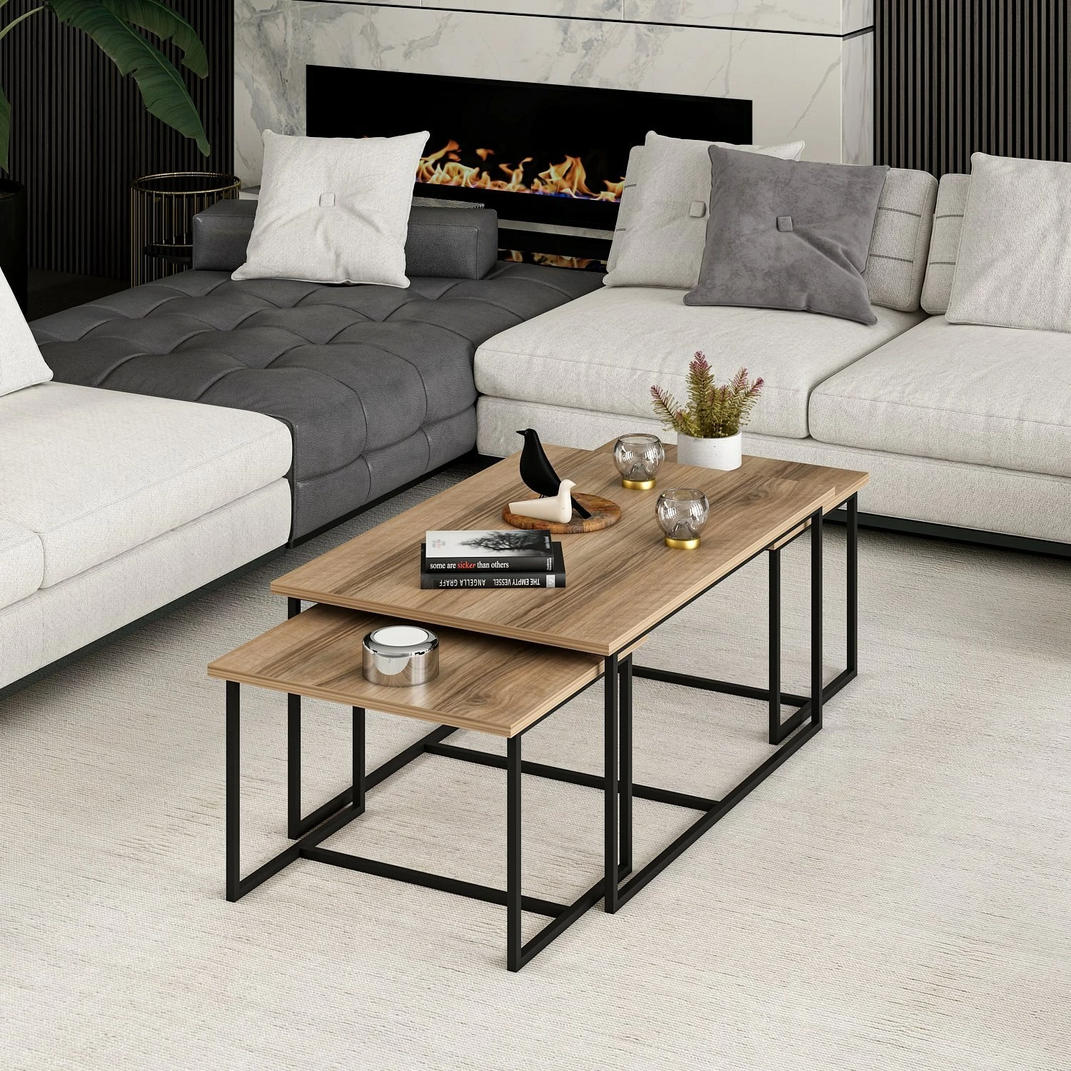 Set tavolinash të mbivendosura Hanah Home, Levada, ngjyrë arre, 3 copë