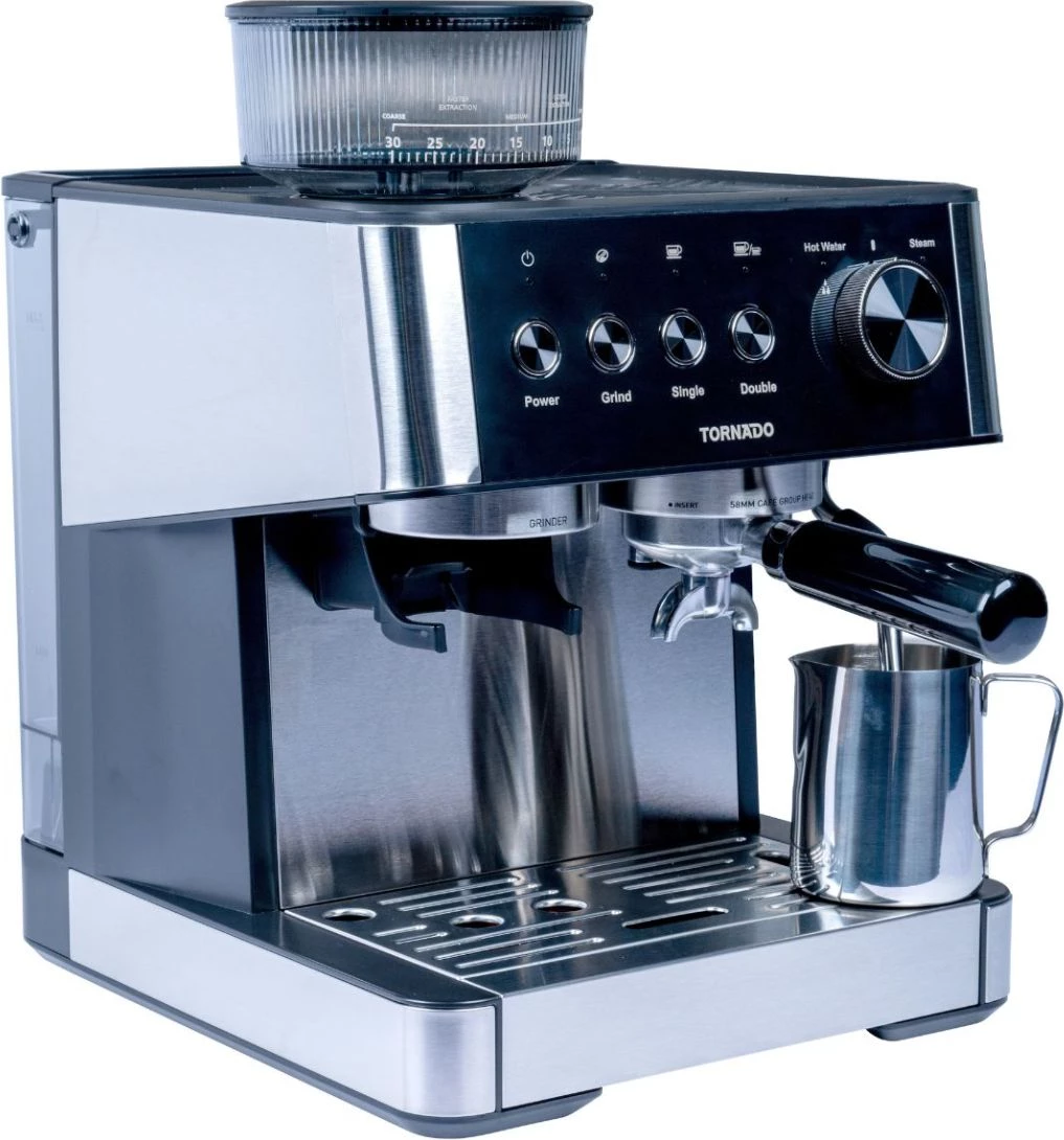 Makinë kafeje portafilter Tornado TCM5431-GS me mulli, për kokrra dhe kafe të bluar, çelik dhe e zezë