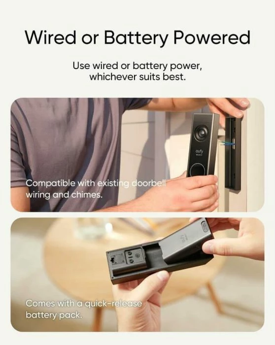 Zilë dere me kamerë Anker Eufy Security E340 2K, dual kamera, 8GB storage lokal, me njësi të brendshme (chime), zi/bardhë