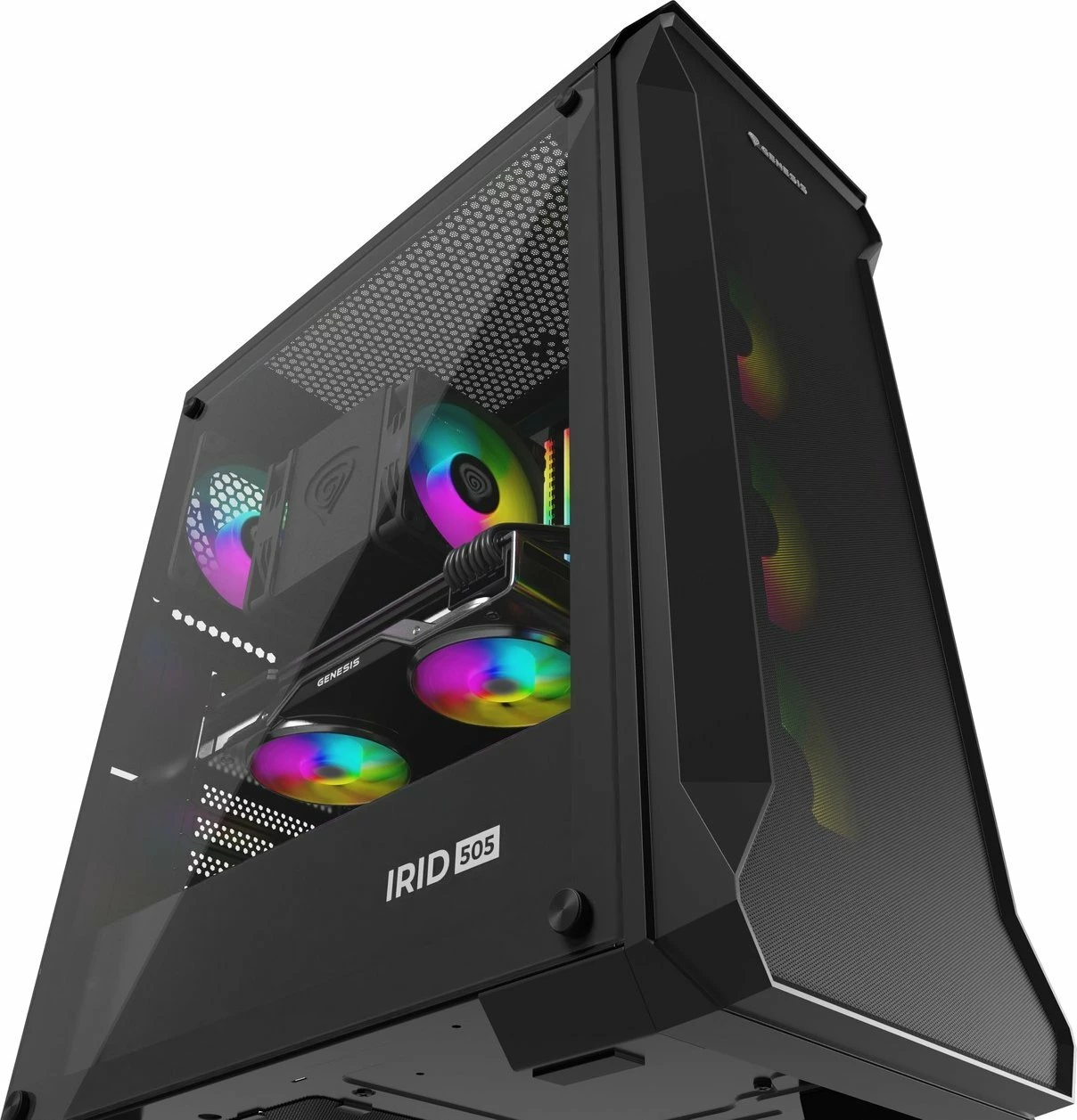 Kasë GENESIS Irid 505 ARGB V2 NPC-1518 Midi Tower ATX/Micro ATX/Mini-ITX, 4x120mm ARGB fan, xham i kalitur, e zezë