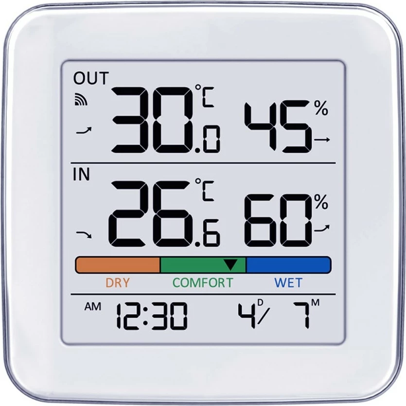 Stacion moti pa kabllo GreenBlue GB169, temperaturë brenda/jashtë, lagështi, orë/alarëm, datë, rreze deri 60 m, me sensor, e bardhë