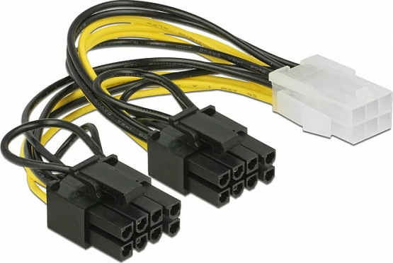 Kabllo energjie PCIe DeLOCK 85452, 6-pin në 2x 6+2 pin, 0.15 m, e zezë/verdhë