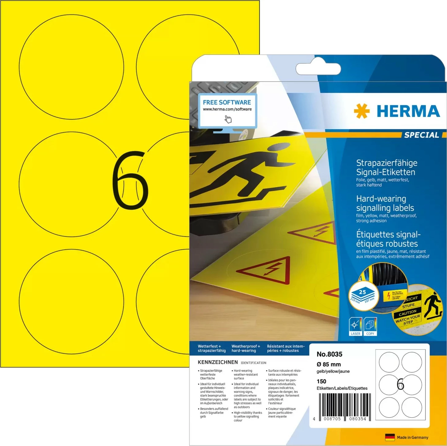 Etiketa vetëngjitëse HERMA Special 8035, A4, 85mm, 150 copë, e verdhë, mat