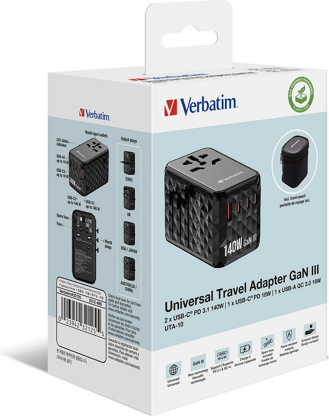 Adapter udhëtimi universal Verbatim UTA-10 GaN III, 140W, 3x USB-C PD, 1x USB-A, i zi