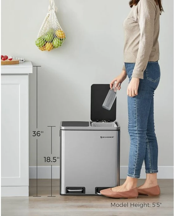 Kosh riciklimi SONGMICS LTB30H 2x15 L me pedal, soft-close, çelik, argjend/zi, 1 copë