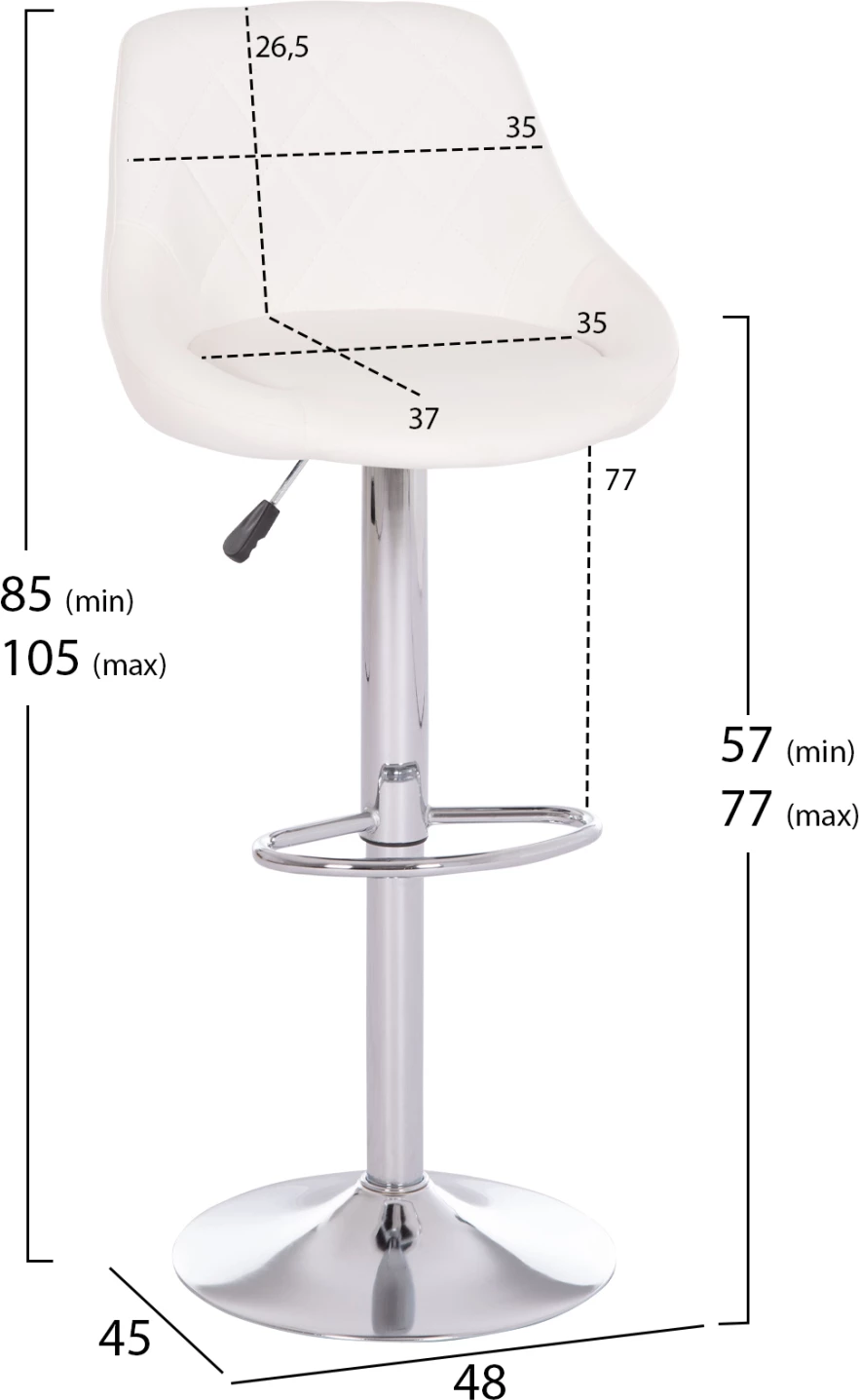 Karrige për bar ROSE, bazë kromi, lëkurë PU e bardhë, set prej 2 copësh, 48x45x105cm
