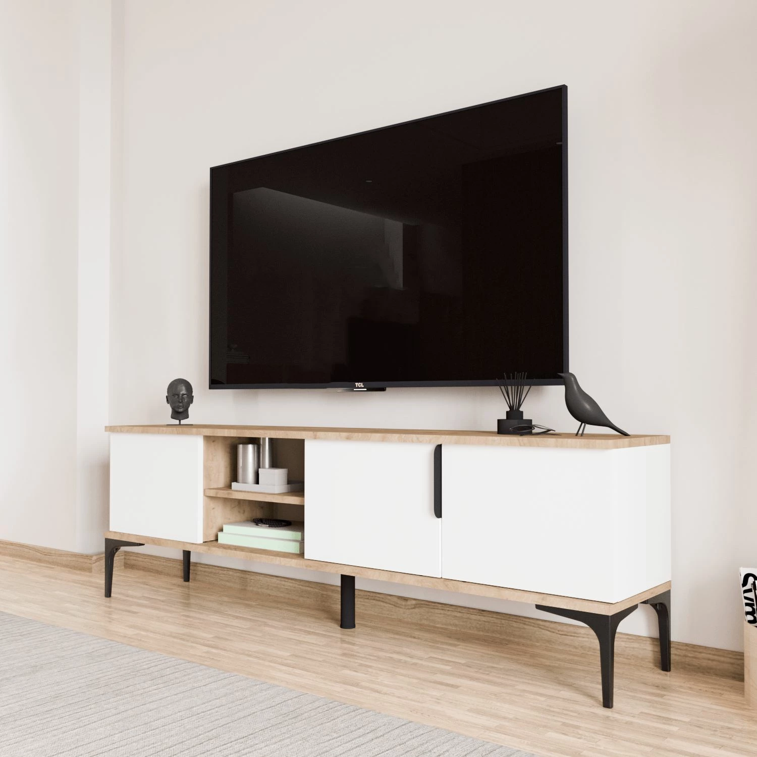 Komodë TV Skye Decor, ngjyrë lisi dhe e bardhë, Tarz