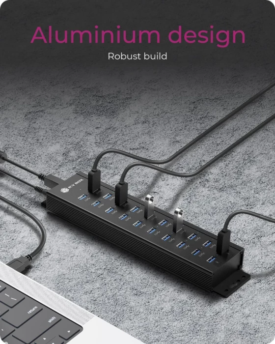 USB hub ICYBOX IB-HUB1720-U3, 20-në-1 (18x USB-A data + 2x USB-A karikim), USB 3.0, alumin, i zi, set me kabllo & furnizues rryme
