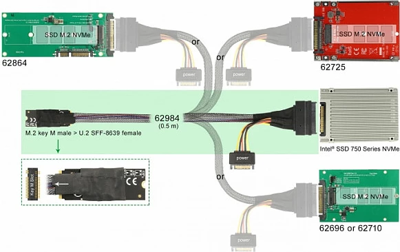 Adapter NVMe DeLOCK M.2 Key M 67-pin në U.2 SFF-8639/SATA 15-pin, kabllo 0.5 m, i zi