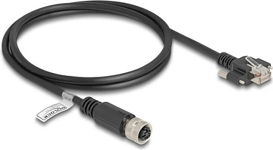 Kabllo Ethernet industriale DeLOCK M12 D-coded 4-pin (femër) në RJ45 (mashkull), Cat5e, 1 m, FTP, e zezë