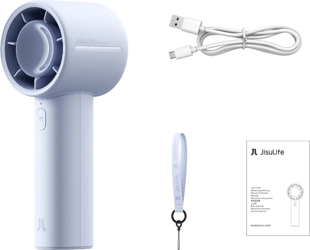 Ventilator dore Jisulife Handheld Fan 10, bateri 4000mAh, USB-C, blu, set me kabllo USB-C dhe litar 6