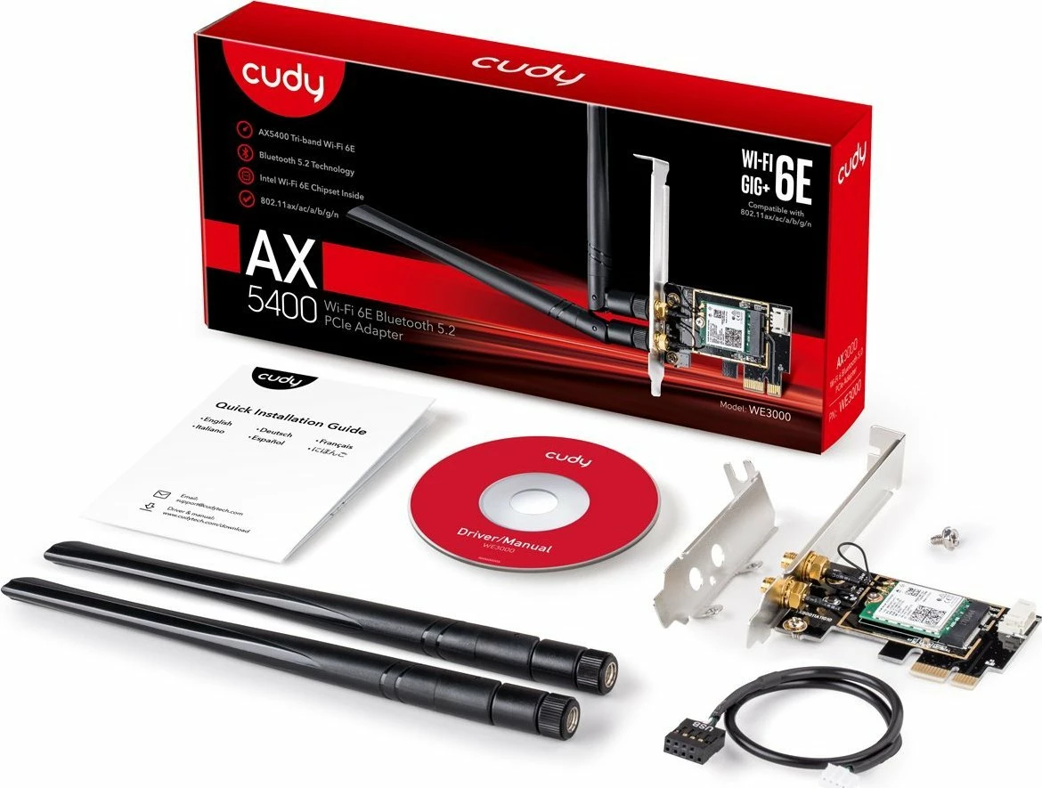 Kartë rrjeti Wi‑Fi PCIe Cudy WE3000, Wi‑Fi 6E AX210 2402 Mbps, Bluetooth 5.2, 2x RP‑SMA, e zezë