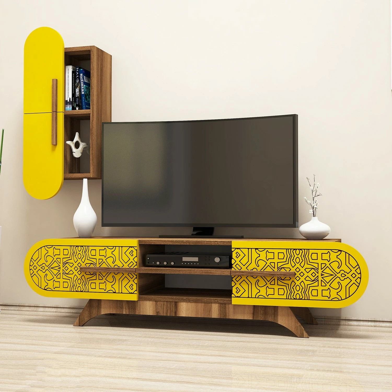 Komodë TV Hanah Home, Defne, ngjyrë arre dhe e verdhë