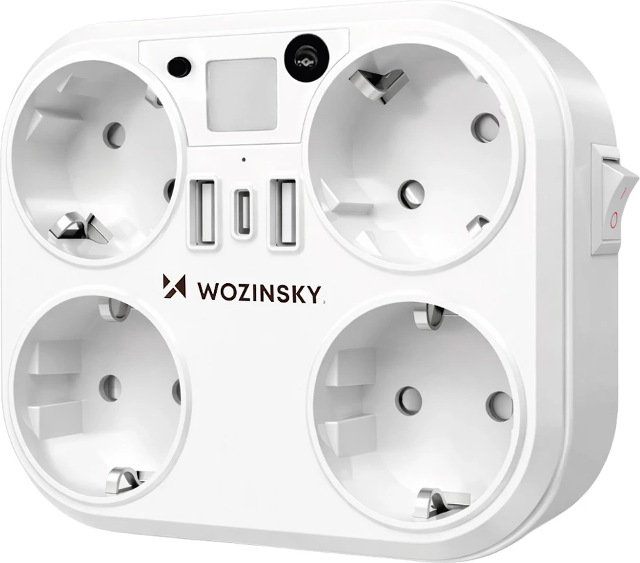 Shpërndarës rryme Wozinsky WRS-2B 4000 W, 4x AC, 2x USB-A, 1x USB-C, me dritë nate, EU plug, i bardhë