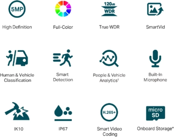 Kamerë sigurie rrjeti dome TP-LINK VIGI C250 (2.8mm) 5MP, Full-Color 24/7, PoE, IP67/IK10, H.265+, mikrofon, e bardhë/zezë