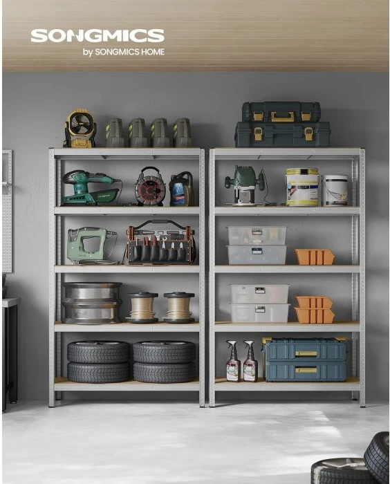 Raft magazinimi metalik SONGMICS GLR060E01, 60 x 120 x 200 cm, 5 rafte, kapacitet 875 kg, argjend