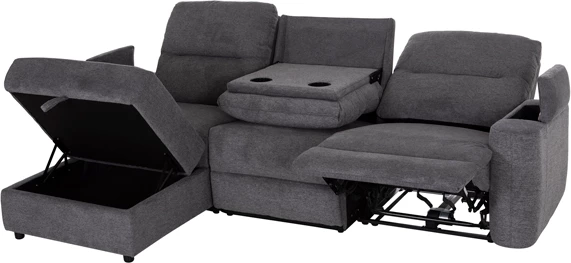 Këndare e majtë SYNTHIA, 3 vende, stof gri, me recliner elektrik dhe hapësirë për depo, 246x159x97cm