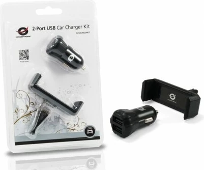 Karikues veture Conceptronic KFZ-Ladegerät, 2xUSB-A, mbajtës celulari, 10W, zi