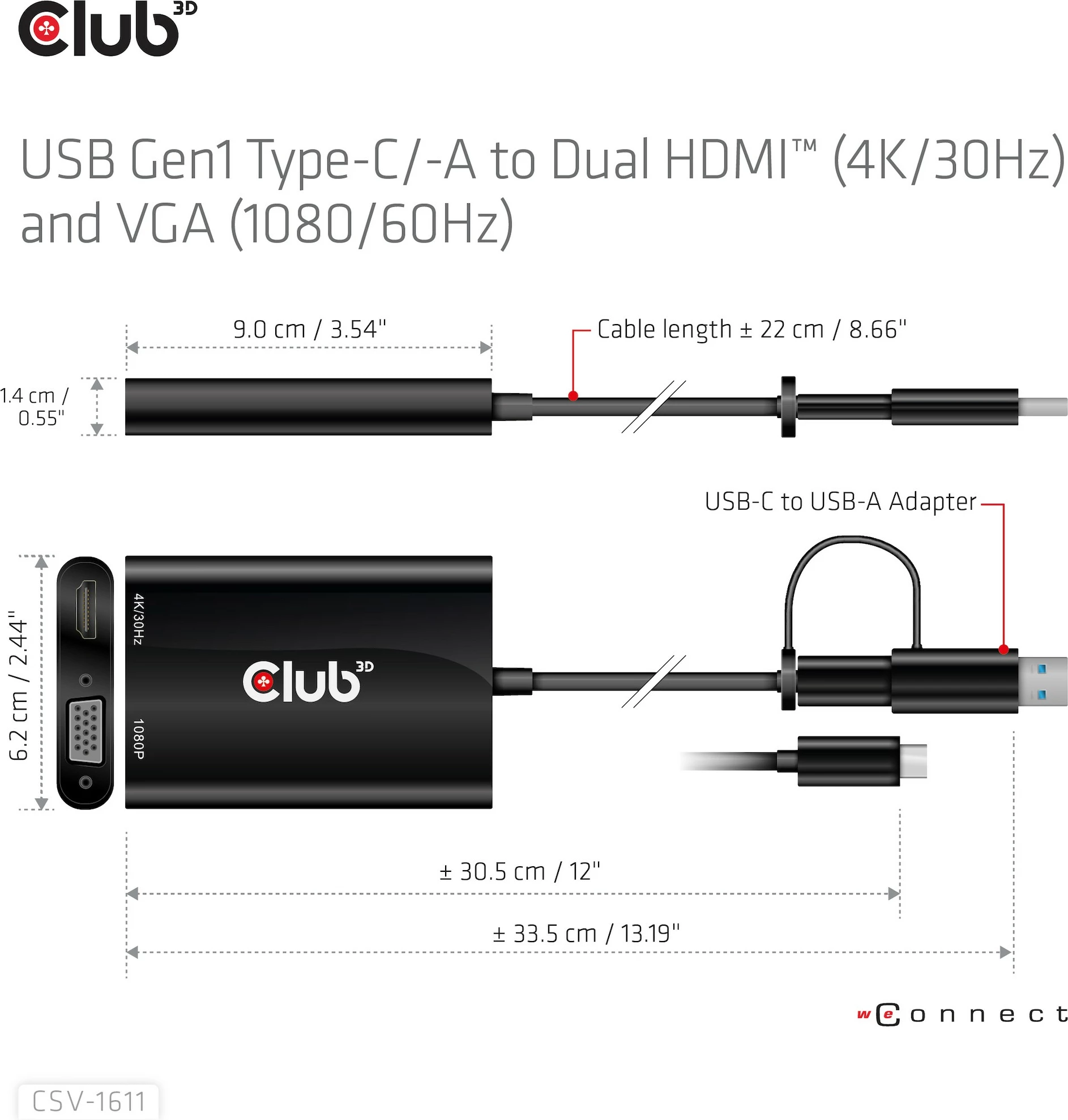 Adapter Club3D USB Type-C/A në HDMI/VGA, 4K, i zi