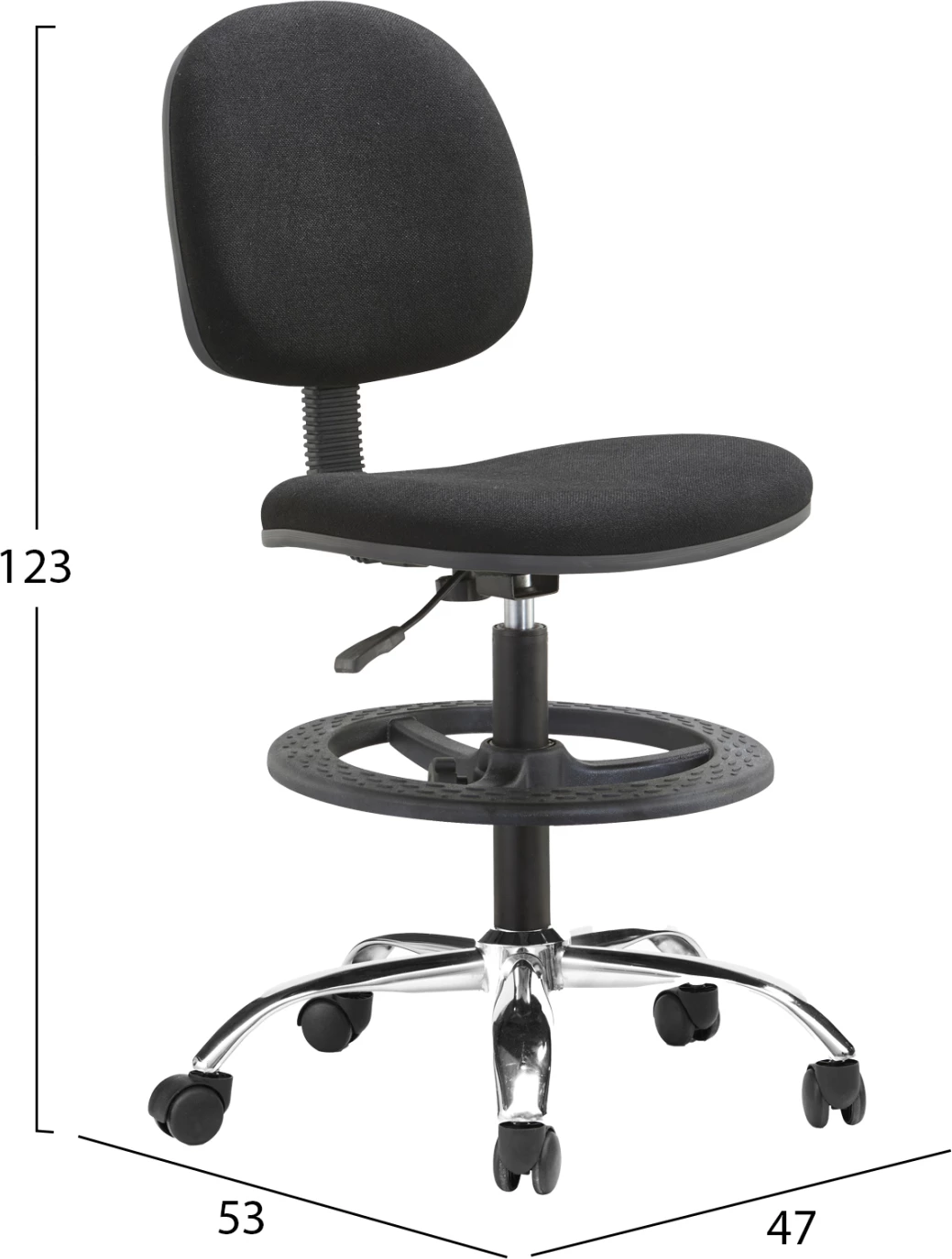 Stool pune me këmbështetëse DROMEN FH1210.01, material tekstili i zi, bazë e kromuar, 47x53x99-123cm