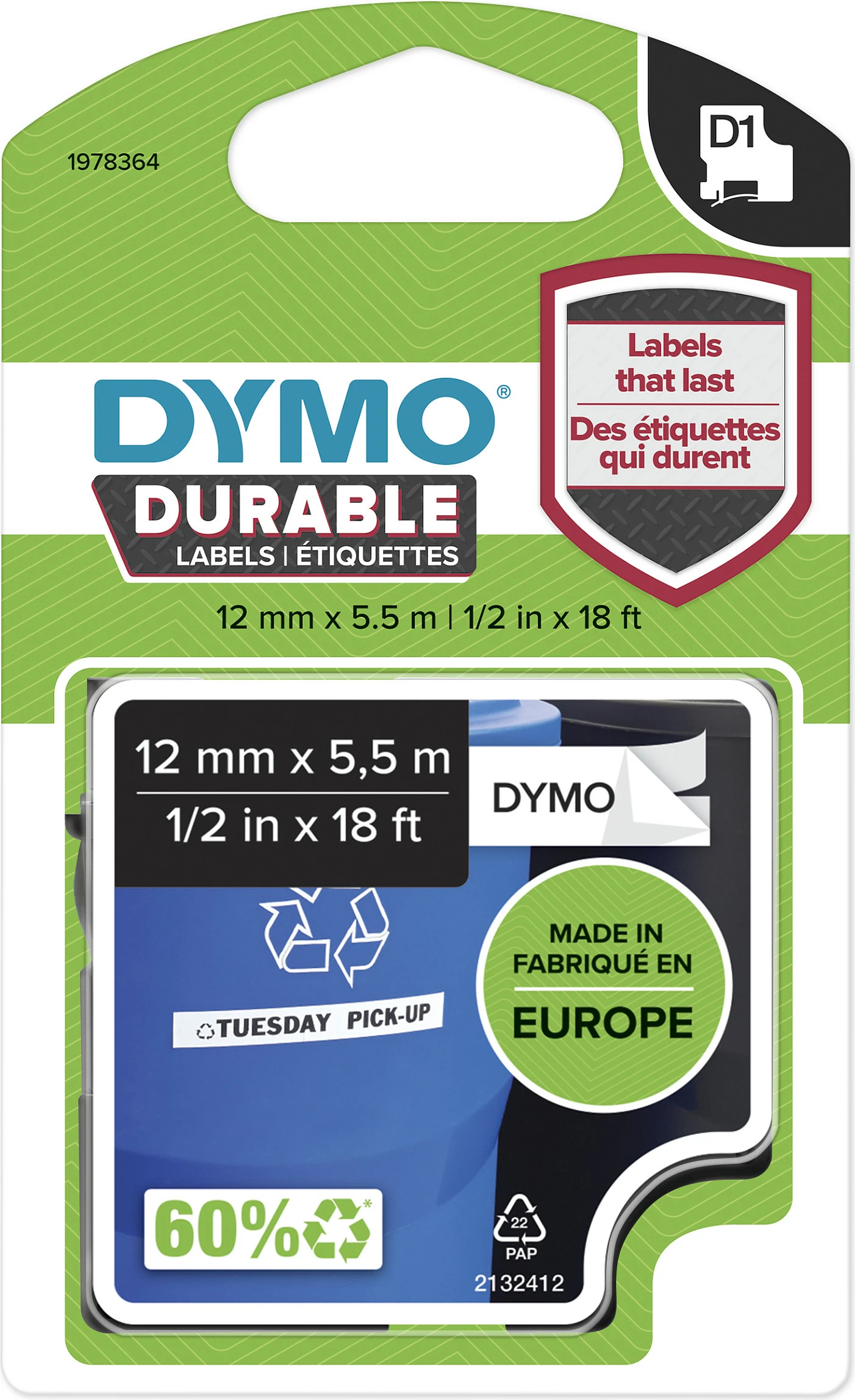 Shirit etikete Dymo D1 Durable 12 mm x 5,5 m, i zi në të bardhë