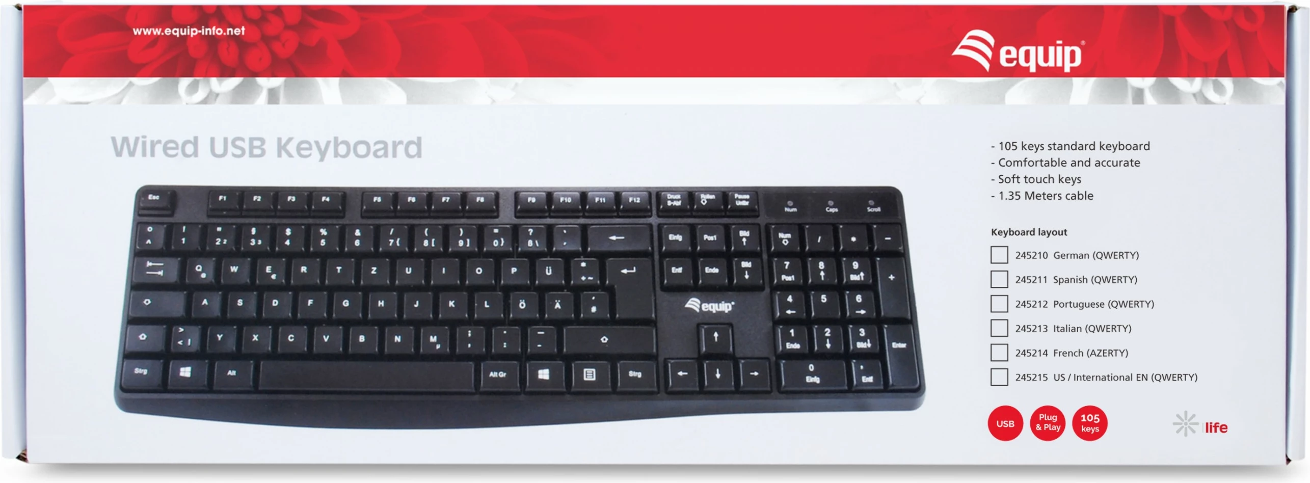 Tastierë EQUIP 245213, full-size, USB, QWERTY, italisht, e zezë