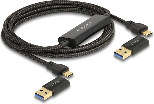 Kabllo Data Link USB-C DeLOCK 5 Gbps + KM Switch, 2 m, me adaptor USB-A, e zezë