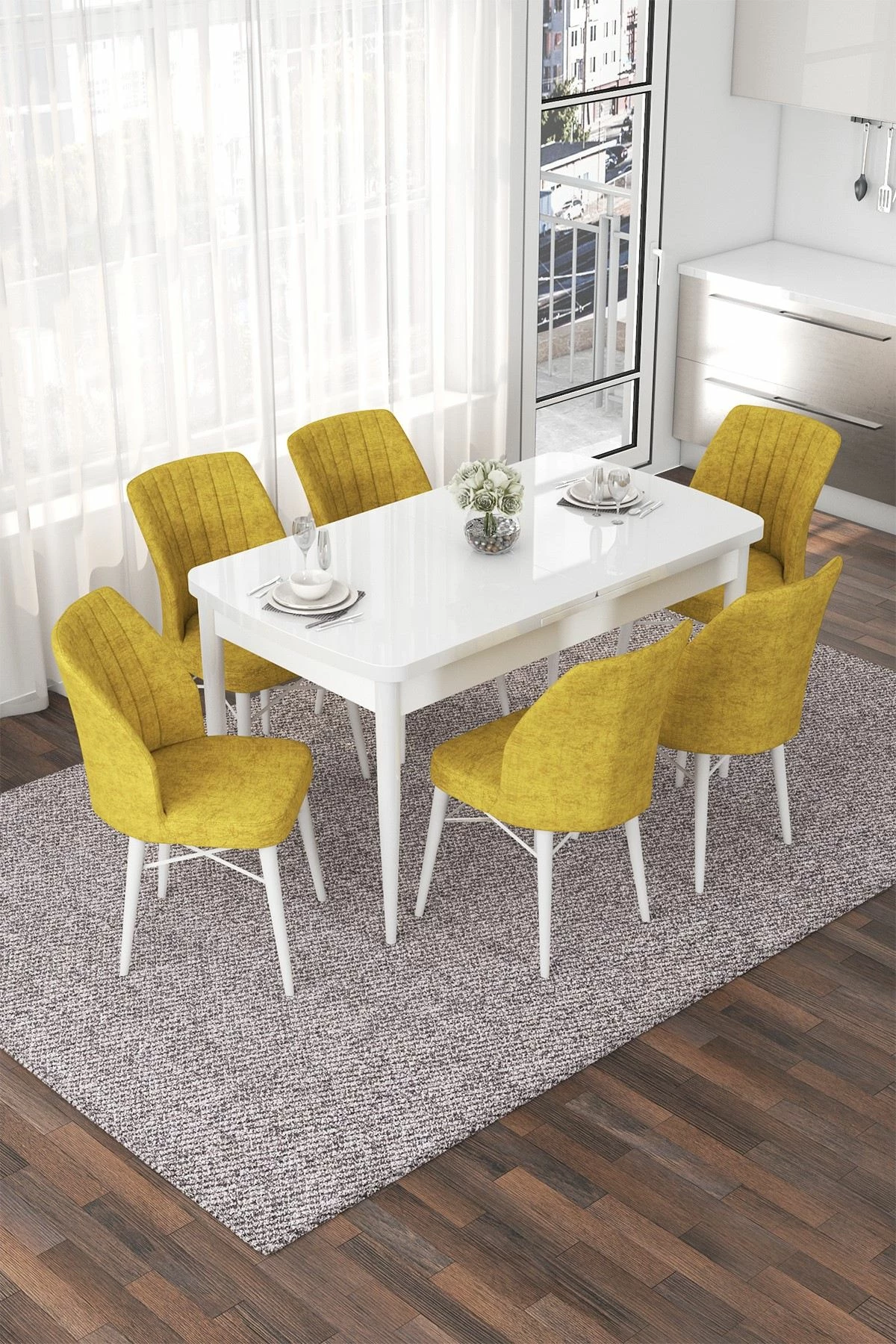 Tavolinë me karrige, zgjatshme, 7 copë, Skye Decor, e bardhë, mustard