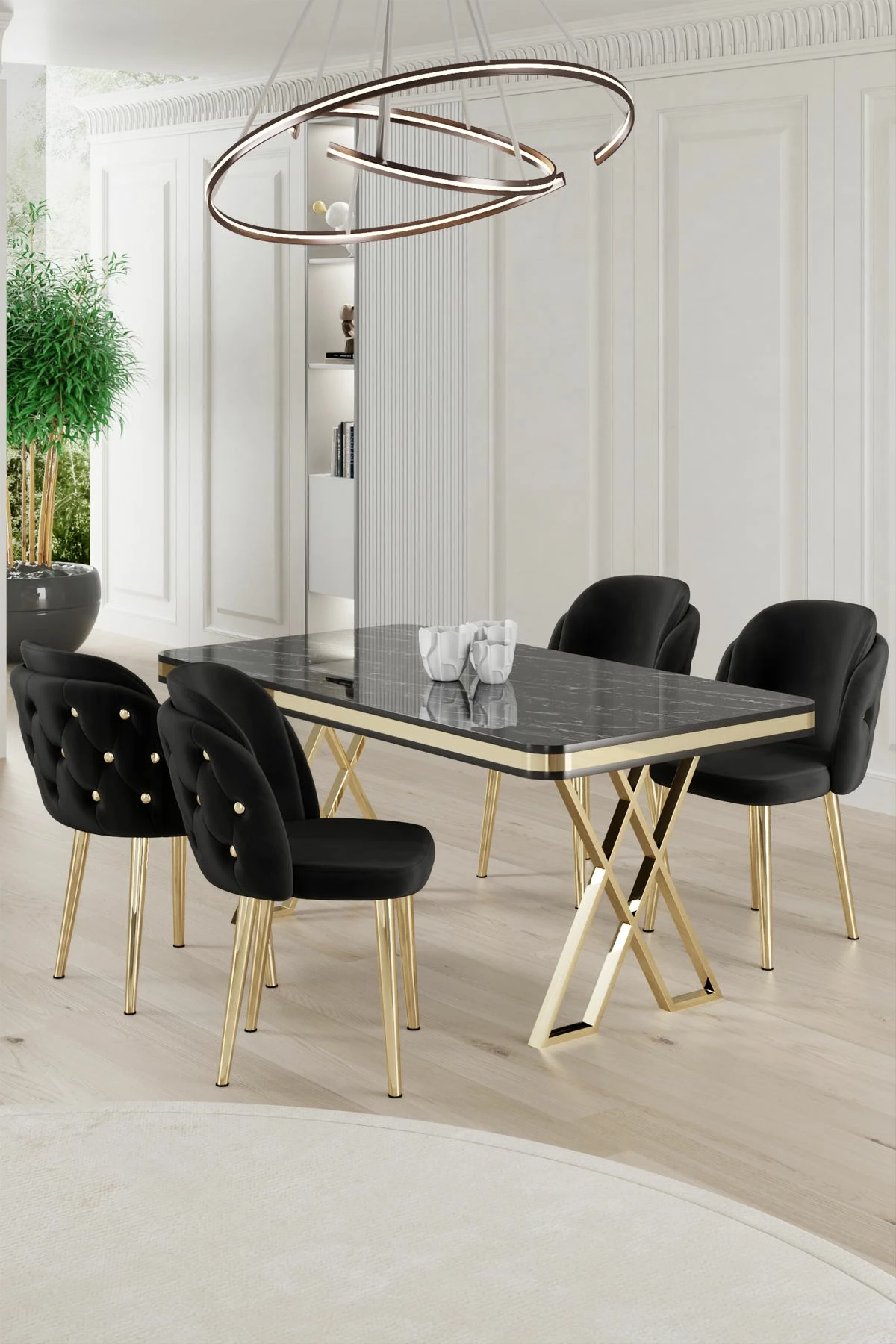 Tavolinë me karrige, 5 copë, Skye Decor Rigel, mermer i zi, ar, e zezë