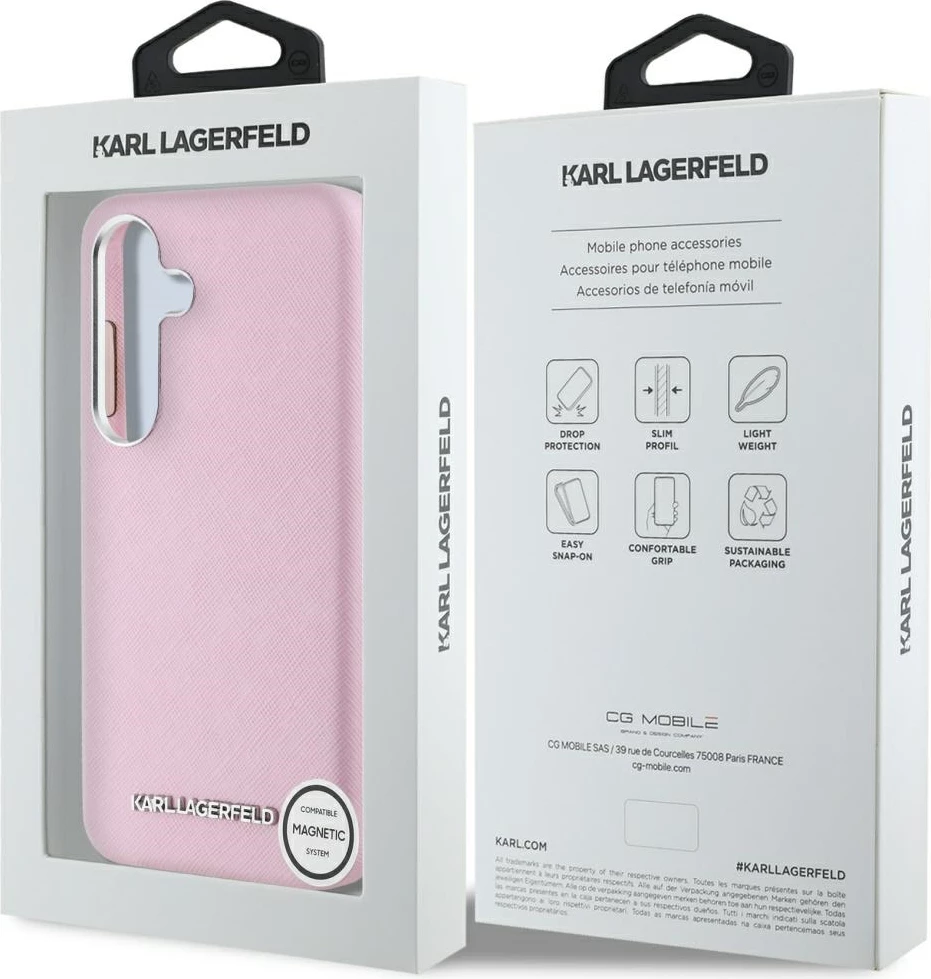 Mbështjellës Karl Lagerfeld Saffiano Full Wrapped Elongated Metal Logo MagSafe për Samsung Galaxy S25, Rozë