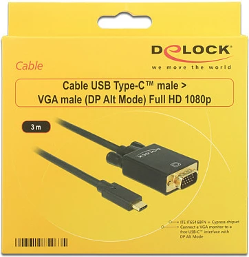 Kabllo adapter USB-C në VGA DeLOCK, 3 m, Full HD 1080p, e zezë