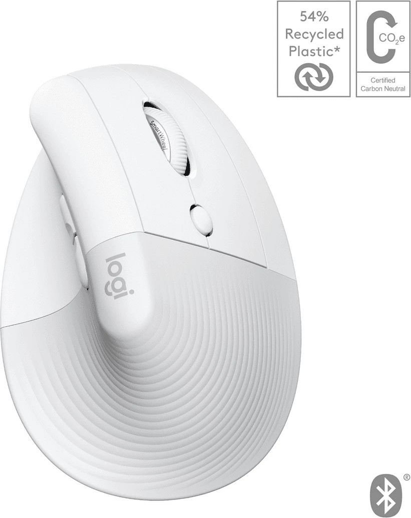 Maus, Logitech, Lift Vertical për Mac 910-006477, pa kabllo (Bluetooth), i bardhë