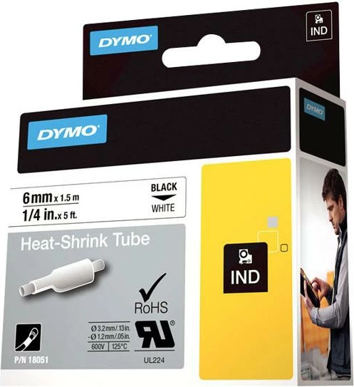 tub termokurues për etiketim, Dymo RhinoPRO 18051, 6 mm x 1.5 m, i zi/ i bardhë