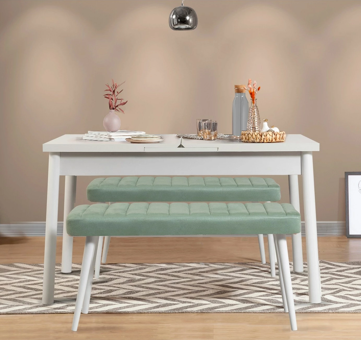 Set tavolinë me karrige, zgjatues, 3 pjesë, Skye Decor, Santiago 0400, e bardhë, e gjelbër