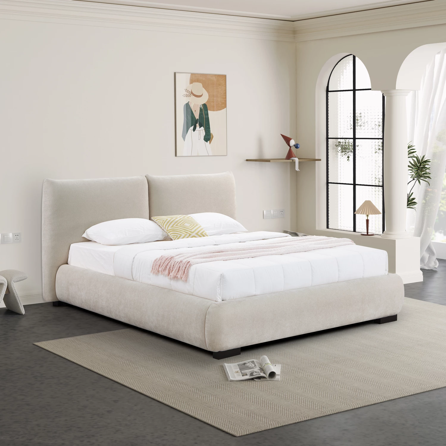 Krevat dopio me hapësirë për depo, material lëkure të butë (faux fur), ngjyrë bezhë e çelët, NUVIA CD728.03, dyshek 160x200cm