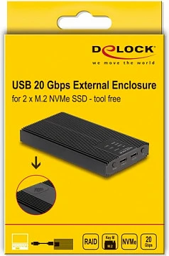 Kasë e jashtme DeLOCK për 2x M.2 NVMe, USB-C, 20 Gbps, RAID, e zezë