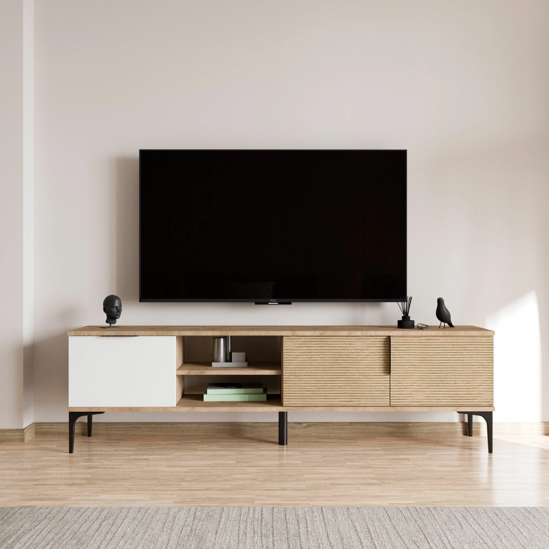 Komodë TV Hanah Home, Tarz, e bardhë dhe lis