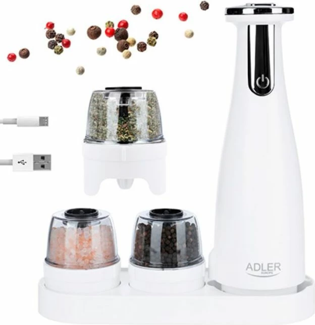 mulli elektrik për kripë e piper ADLER AD4449W, 150 ml, USB-C, set 3 copë, i bardhë mat