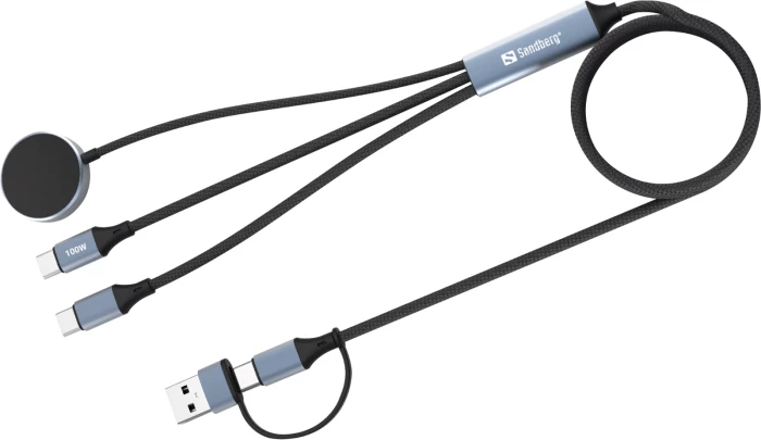 Kabllo karikimi SANDBERG 3v1 Travel Charge Cable 100W, 1.2 m, USB-C/USB-A në 2x USB-C + Apple Watch, e zezë