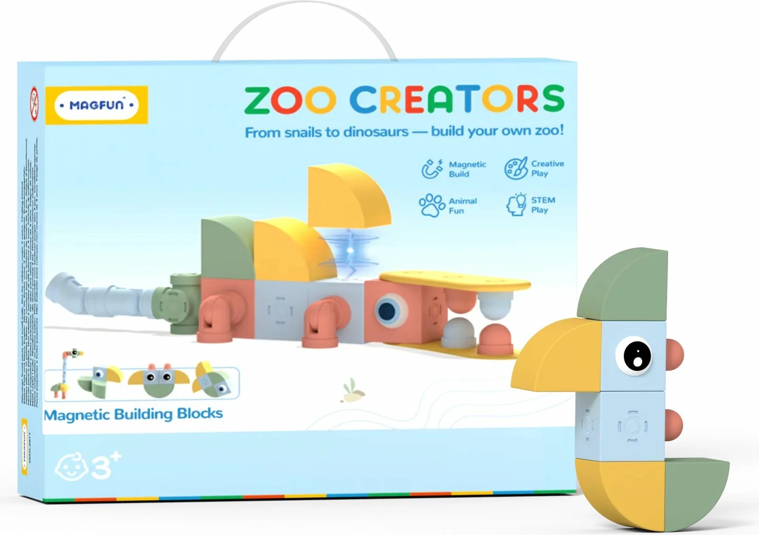 blloqe magnetike ndërtimi Magfun Zoo Creators, set 32 copë, figura kafshësh 3D, 3+ vjeç, shumëngjyrëshe
