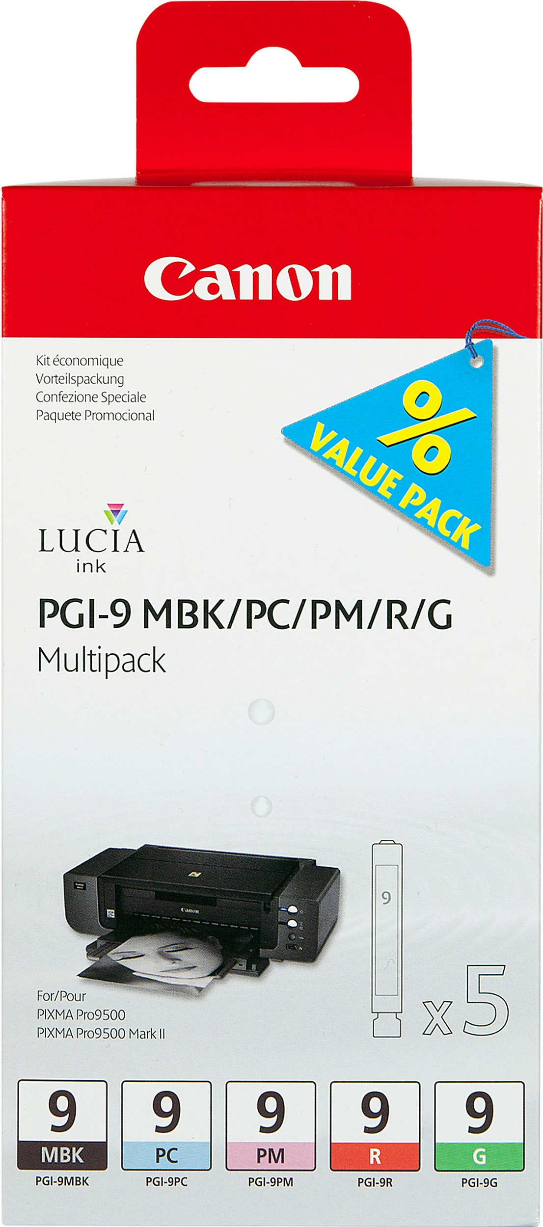 Kartrixha boje Canon PGI-9 MBK/PC/PM/R/G, multipak 5 copë, Standard Yield, për PIXMA Pro9500, e zezë matte/cian foto/magenta foto/e kuqe/e gjelbër